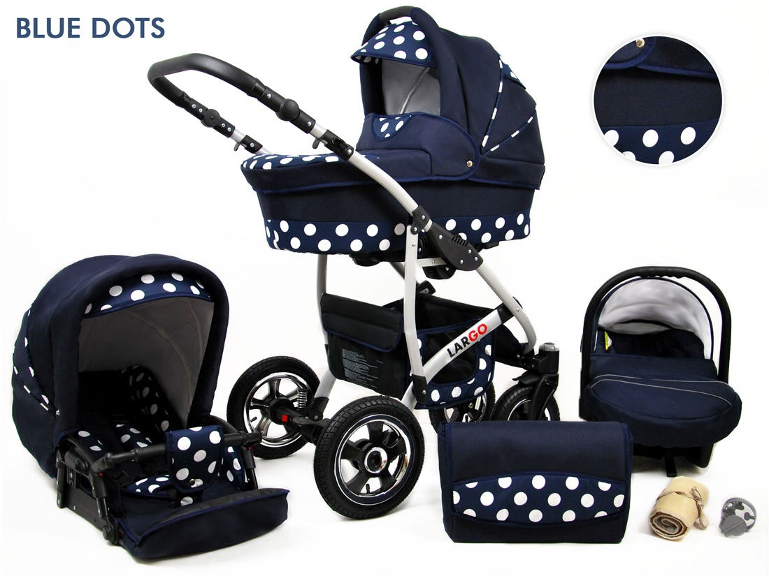 Baby Buggy Pram Car Seat 3 in 1 Travel System Pushchair All In One in Blue  Dots - For Baby Boss