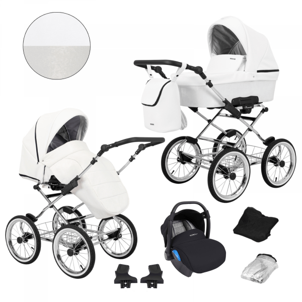 Pram Frame New Eco Leather Baby Pram Retro Classic Set 3in1 White silver frame ...